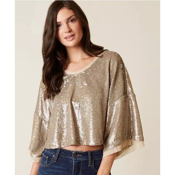 Free People Blouse XS Gold Sequin Cropped Glam Swiftie Festival Bling Club - Picture 1 of 8